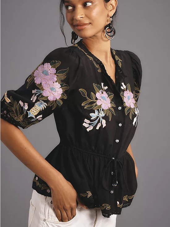 FARM Rio Tops - Farm Rio winter garden embroidered blouse
